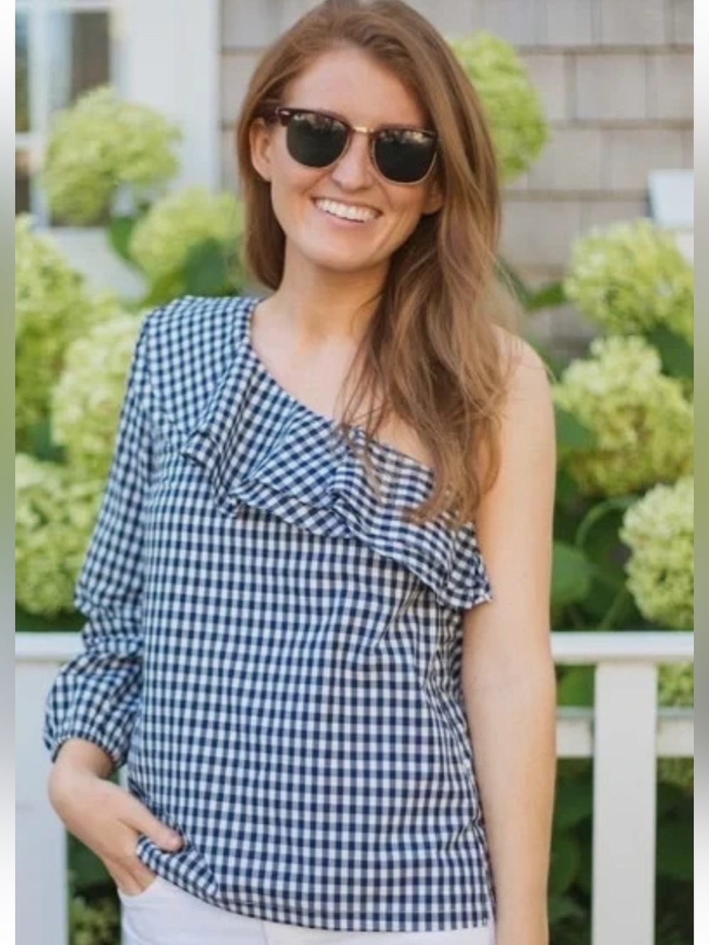 J Crew One-Shoulder Gingham Ruffle Top in Navy and White